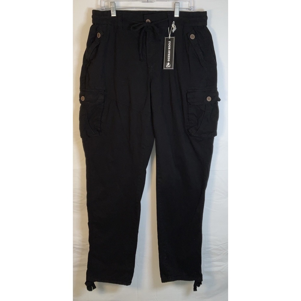 NWT Women's Four Steeds Mid-Rise Drawstring Elastic Waist Cargo Pants Black XL